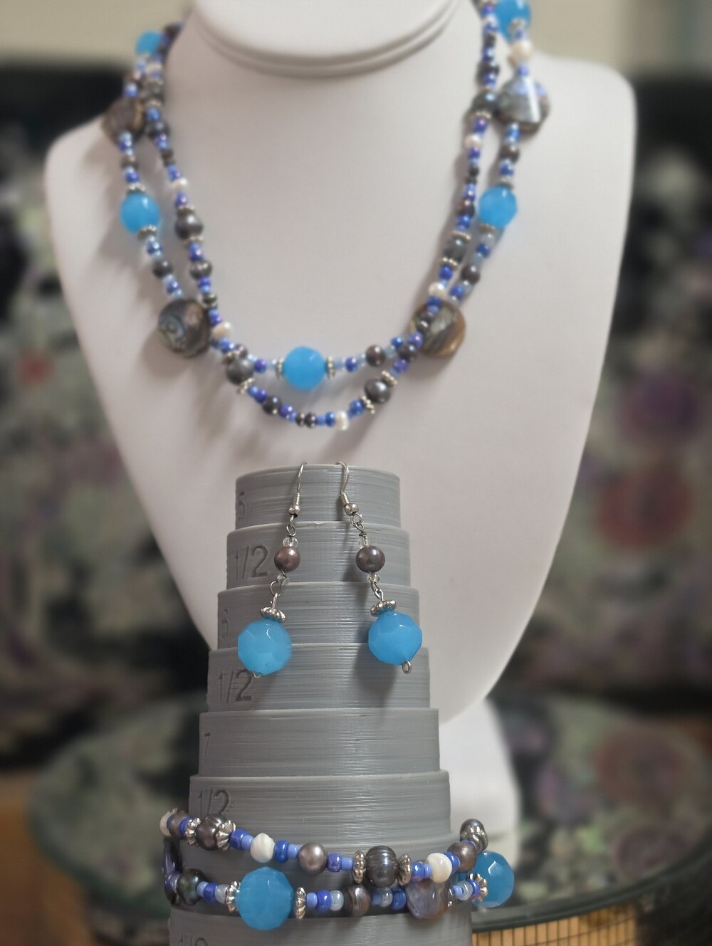 Coastal Boho Multi-Strand Blue Bead & Iridescent Abalone Shell Jewelry Set